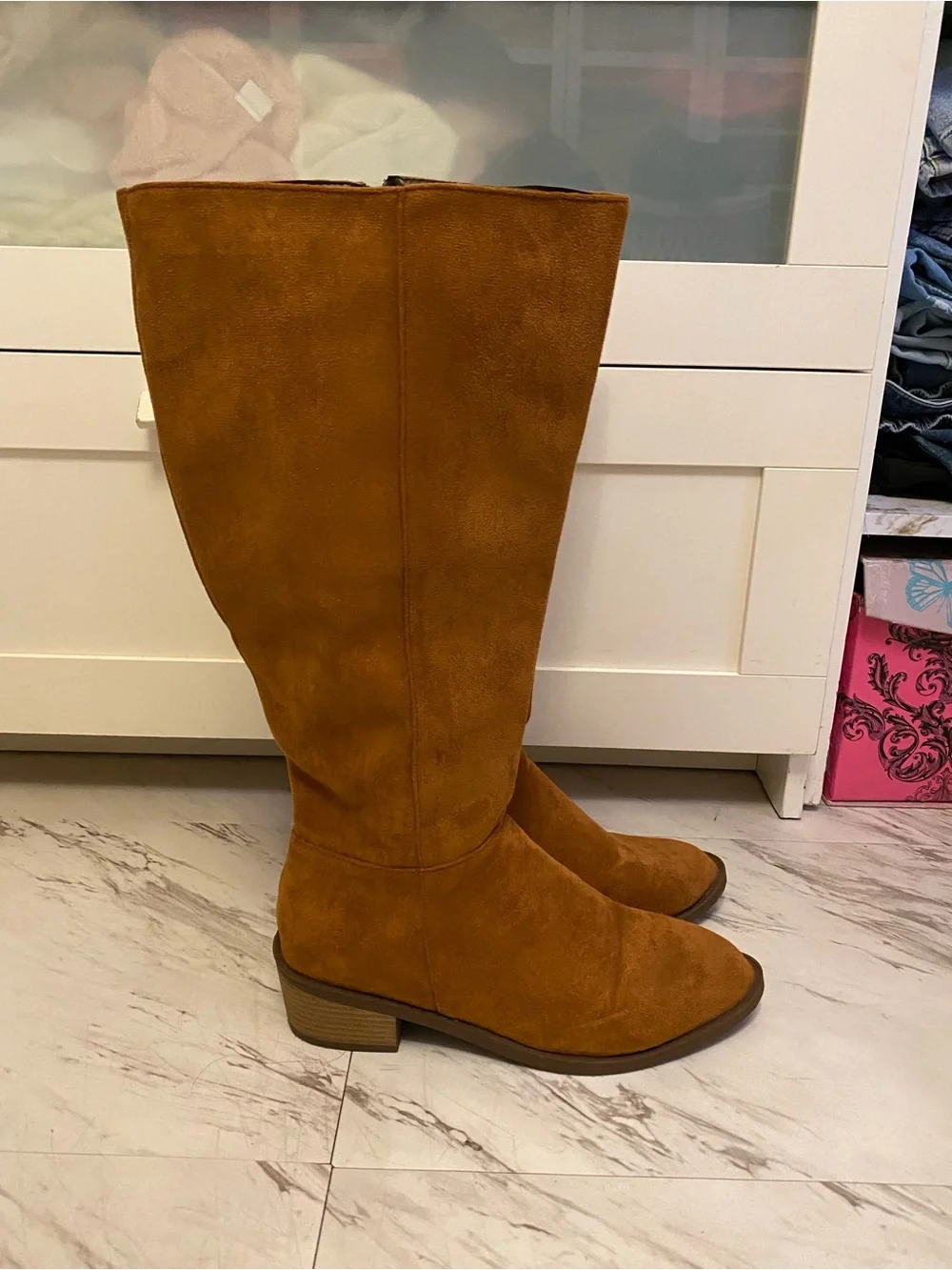 SHEIN Tan Suede Over-the-Knee Low Block Heel Boots